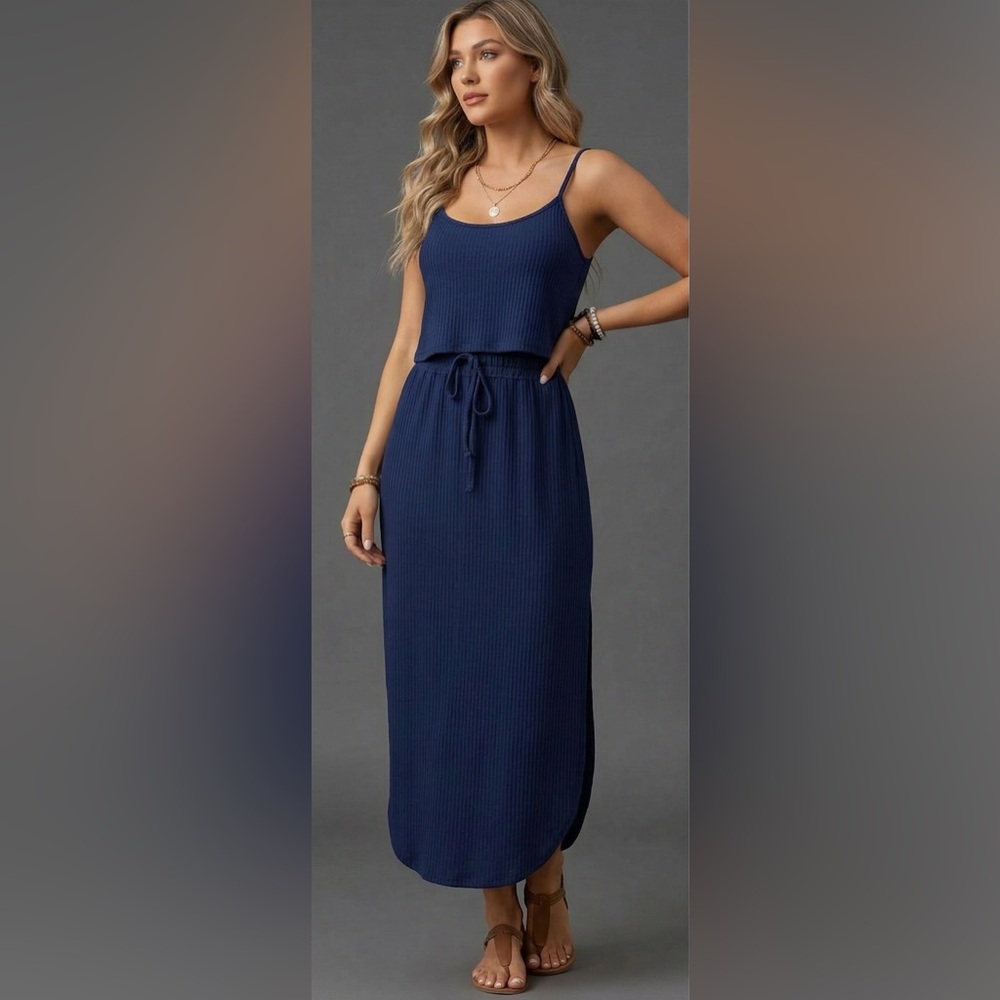 Ribbed Sleeveless Split Hem Drawstring Dress Blue